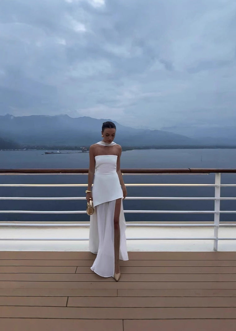 Seraphina – Strapless Chiffon Panel Gown with Asymmetrical Drape