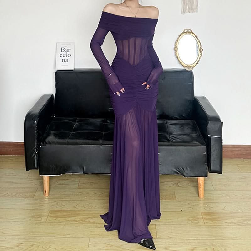 Long sleeve off shoulder mesh corset maxi dress