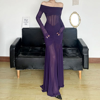 Long sleeve off shoulder mesh corset maxi dress