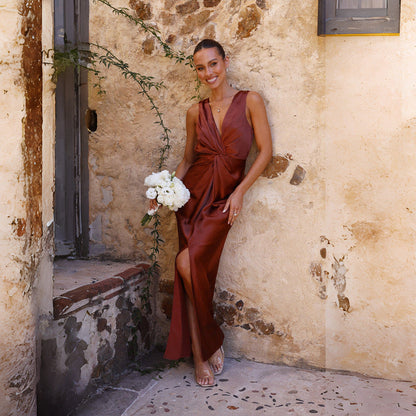 Aurelia – Satin Twist-Front Maxi Dress with Side Slit