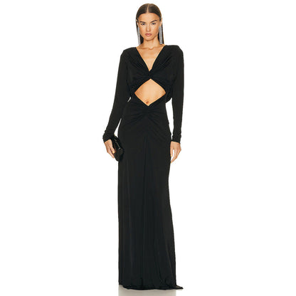 Diamond Cutout Twist Front Knotted Waist Draped Sleeve Maxi Dress