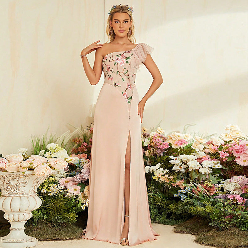 One-Shoulder Tulle Ruffle Floral Embroidered High Slit A-Line Maxi Gown