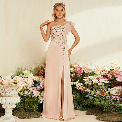 One-Shoulder Tulle Ruffle Floral Embroidered High Slit A-Line Maxi Gown