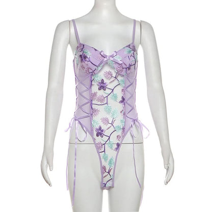 Flower embroidery bowknot mesh lace up cami bodysuit