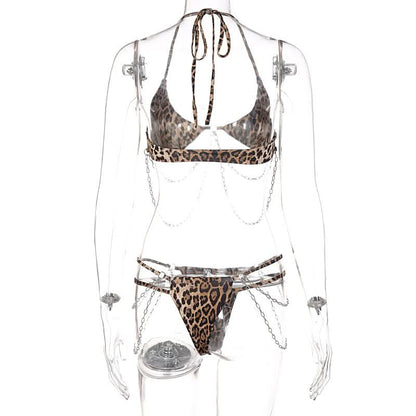 Halter self tie leopard print u neck metal chain pant set