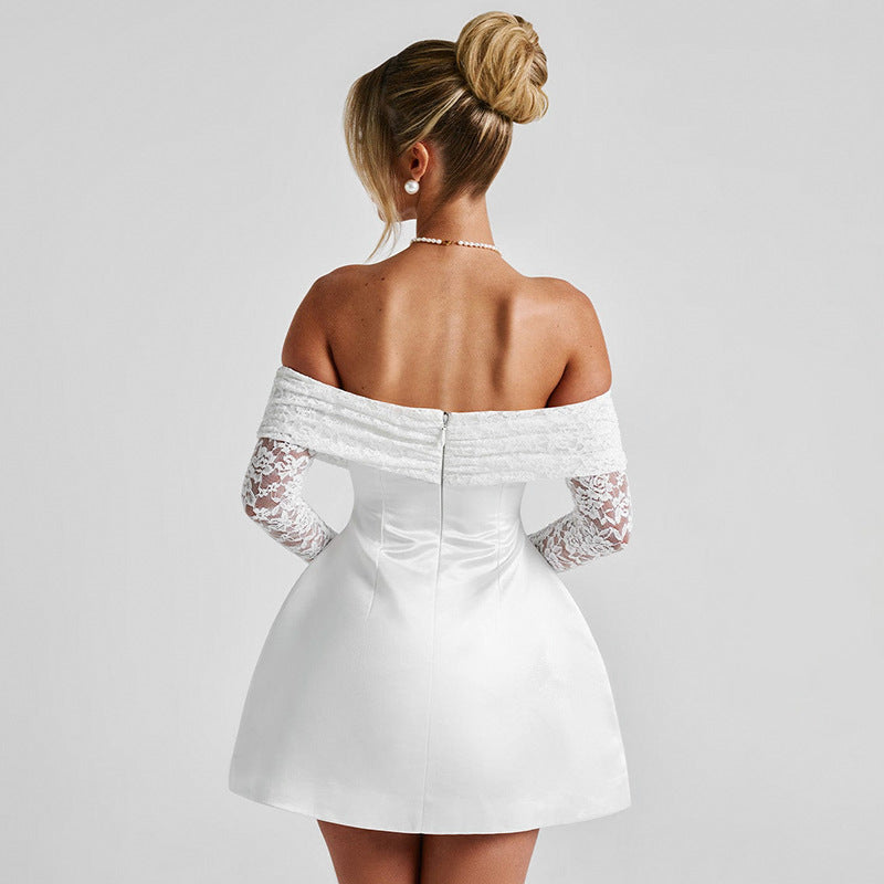 Off Shoulder Lace Sleeve Satin Fit and Flare Mini Dress