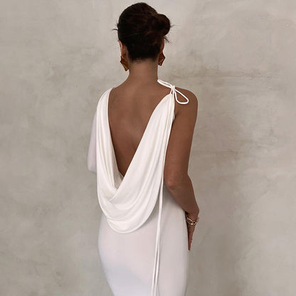 One Shoulder Cowl Neck Asymmetrical Long Sleeve Maxi Dress