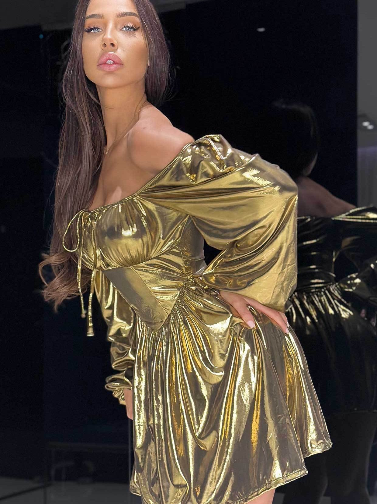 Off Shoulder Metallic Lace Up Tube Top Dress