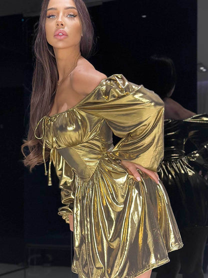 Off Shoulder Metallic Lace Up Tube Top Dress