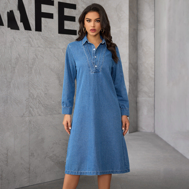 Pointed Collar Button Placket V-Yoke Long Sleeve Denim Midi Dress