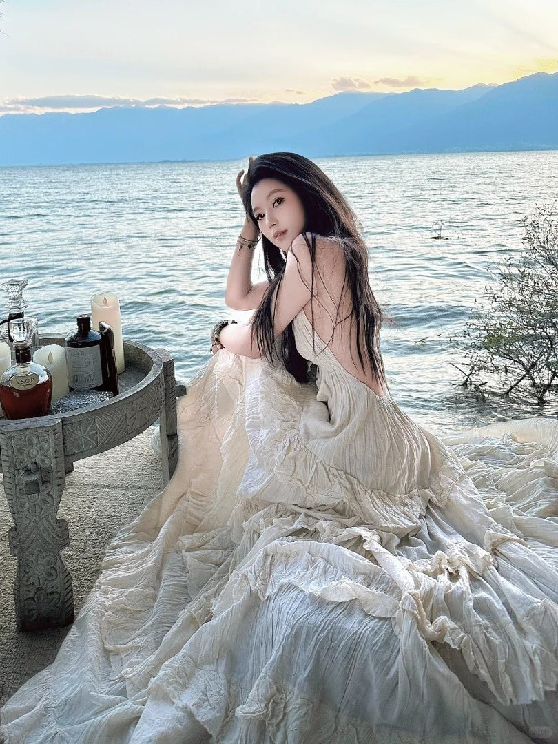 Thailand Dream Cotton Linen Halter Dress Flowing Backless French Maxi gunne sax vintage dress