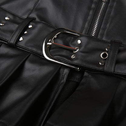 Buckle zip-up pleated low rise PU leather mini skirt