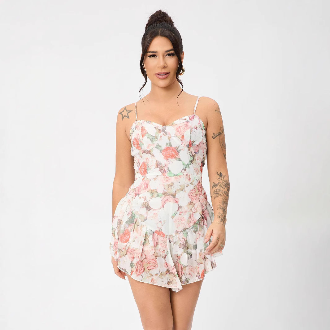 Sweetheart Corset Spaghetti Strap Floral Print Tiered Ruffle Mini Dress