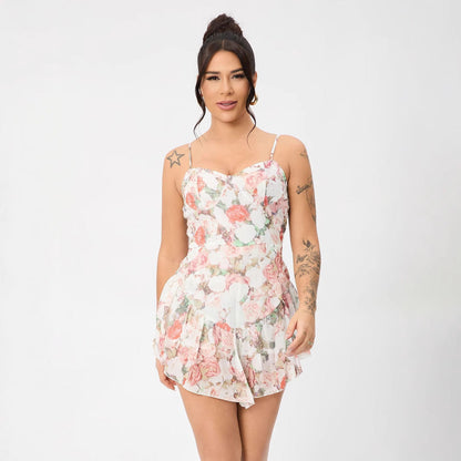 Sweetheart Corset Spaghetti Strap Floral Print Tiered Ruffle Mini Dress