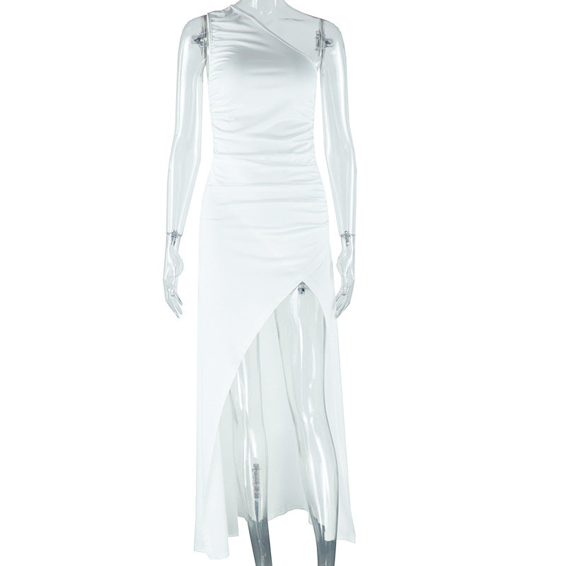 One Shoulder Ruched High Slit Bodycon Maxi Dress