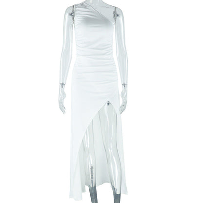 One Shoulder Ruched High Slit Bodycon Maxi Dress