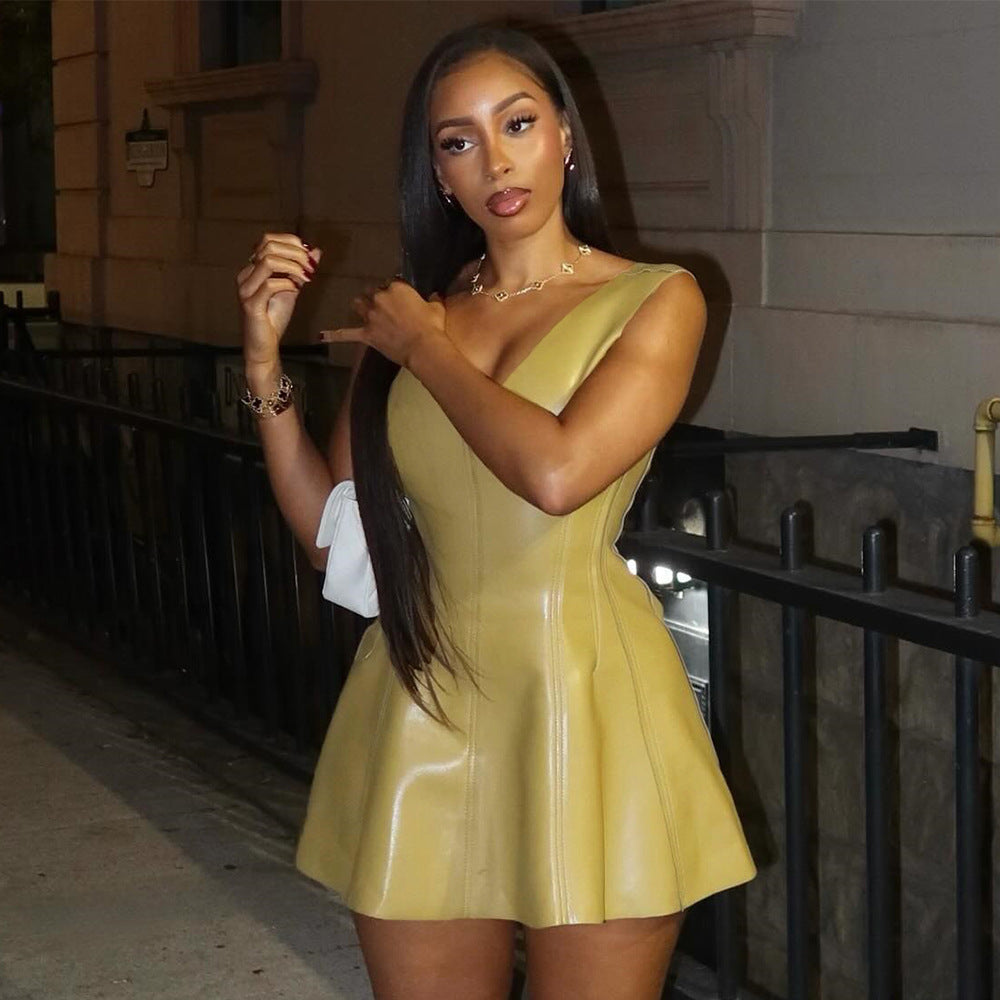 Faux Leather V-Neck Paneled Fit-and-Flare Mini Dress