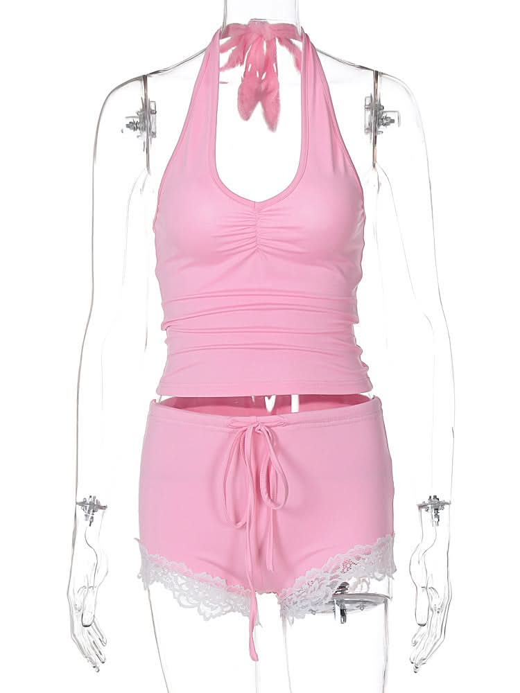 Ruched halter self tie lace hem u neck pant set