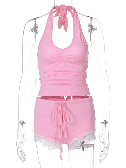 Ruched halter self tie lace hem u neck pant set