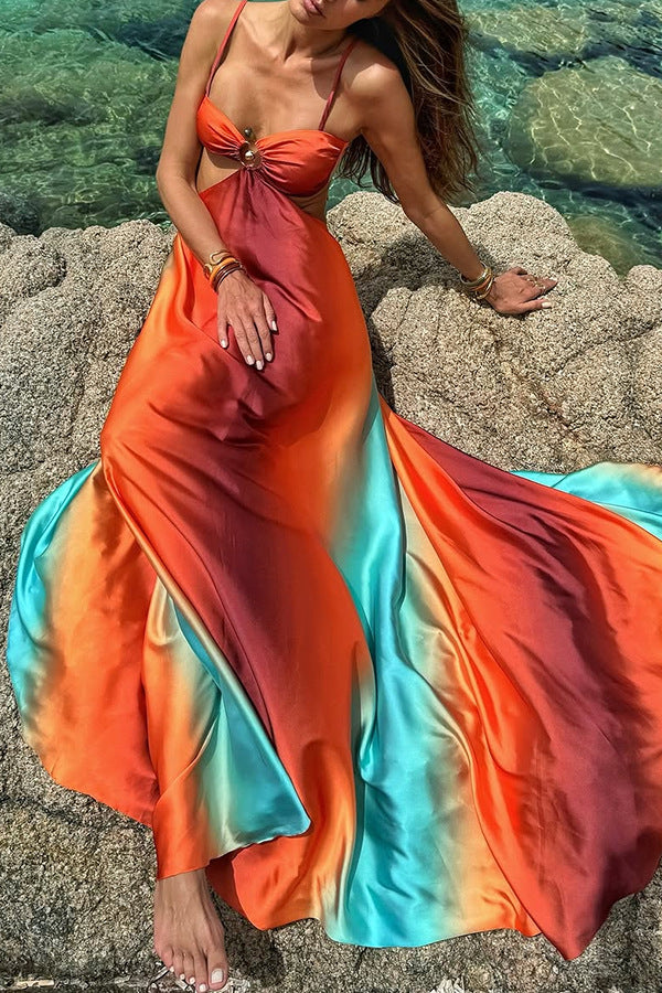 Queen Neon Sunset Printed Metal Decor Sexy Hollow Back Lace Holiday Long Dress