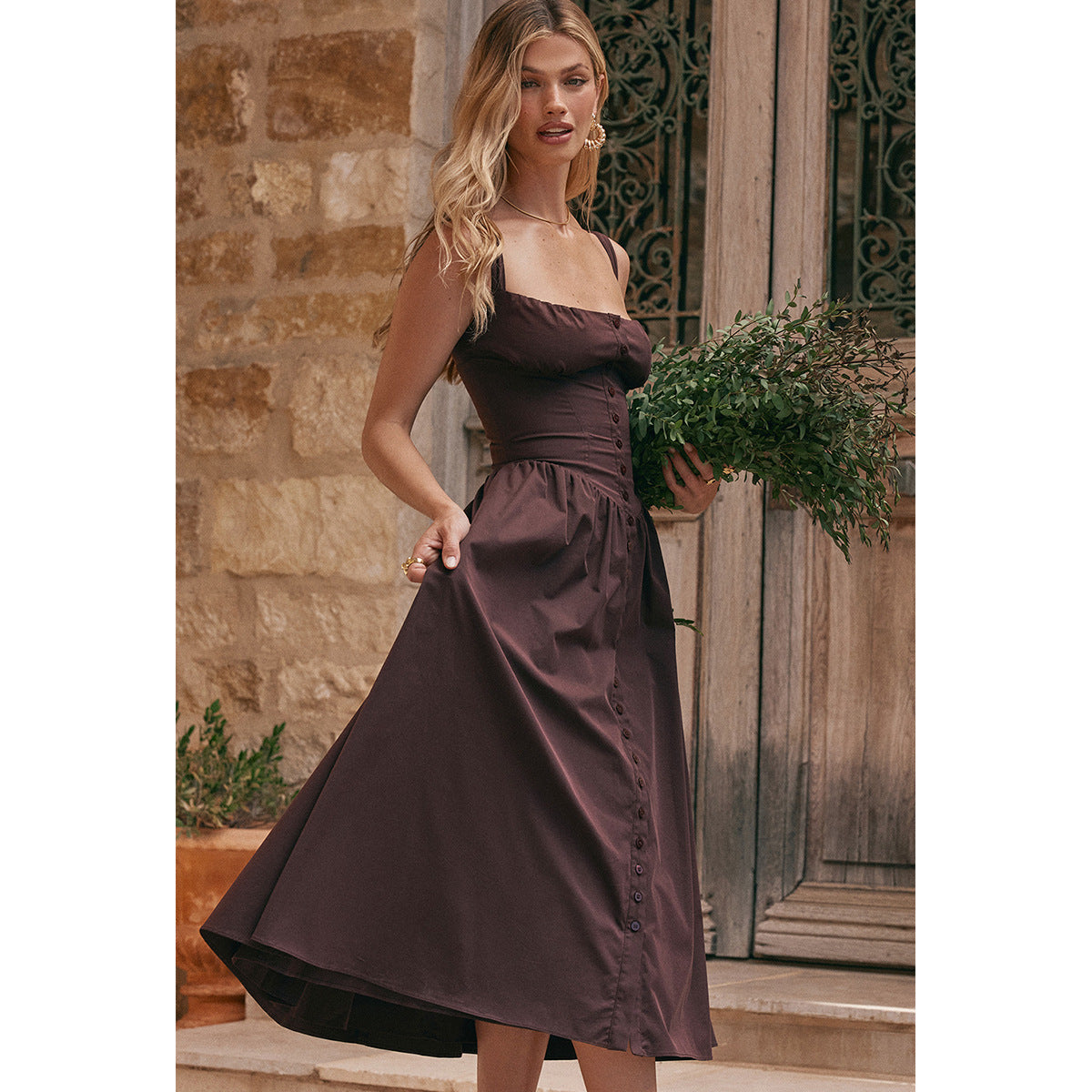 Square Neck Corset Bodice Button Front Pocket Midi Dress