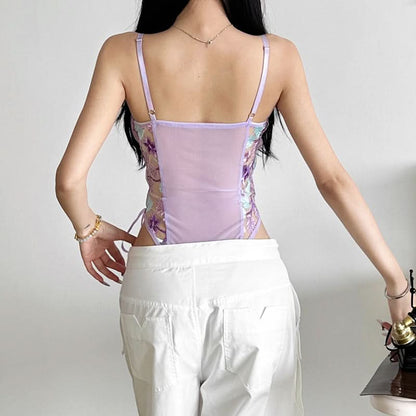Flower embroidery bowknot mesh lace up cami bodysuit