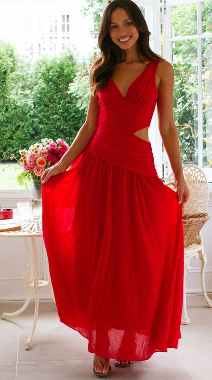 V neck Sleeveless Solid Color Stitching Big Swing Maxi Dress