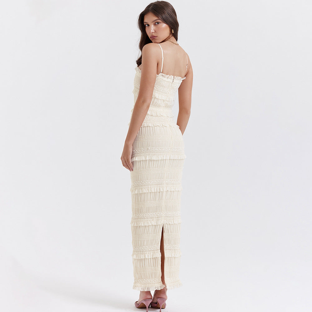 Smocked Tiered Ruffle Spaghetti Strap Backless Maxi Dress