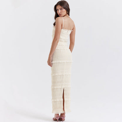 Smocked Tiered Ruffle Spaghetti Strap Backless Maxi Dress