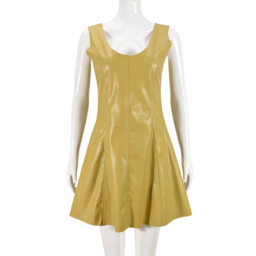 Faux Leather V-Neck Paneled Fit-and-Flare Mini Dress