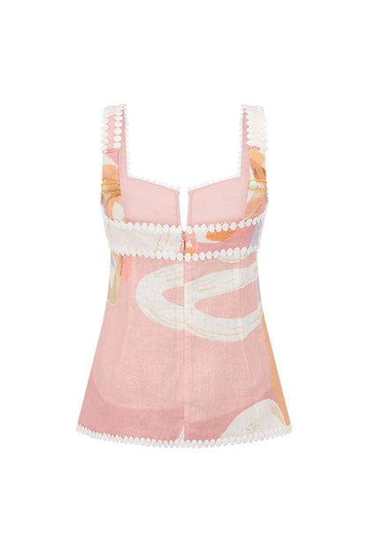 European Summer Linen Blend Ric Rac Trims Unique Print Button Tank