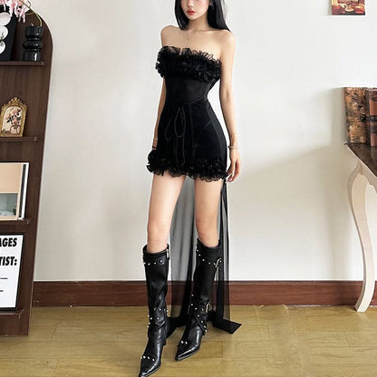 Ruffle mesh corset lace up mini dress