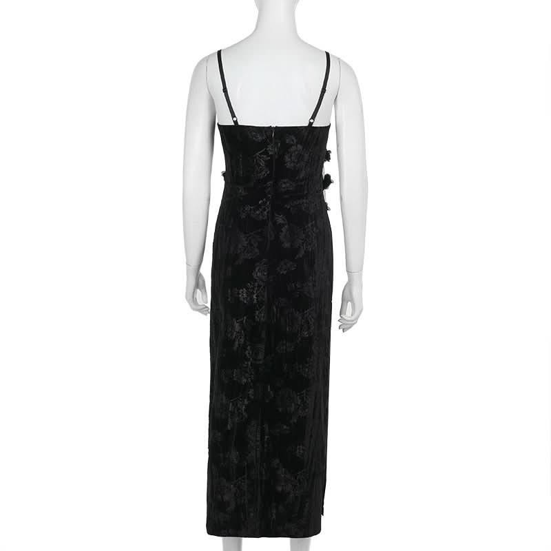 U neck velvet flower pattern slit maxi dress