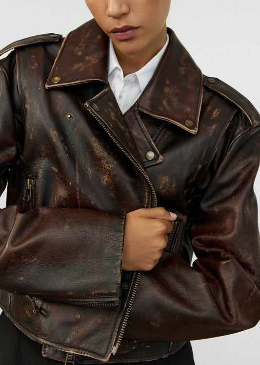 Distressed Leather Cropped Moto Jacket