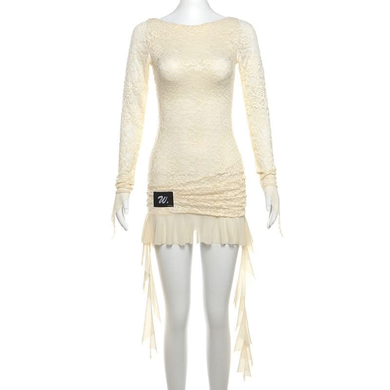 Long sleeve lace up lace ruffle mini dress