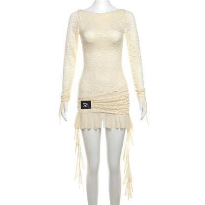 Long sleeve lace up lace ruffle mini dress