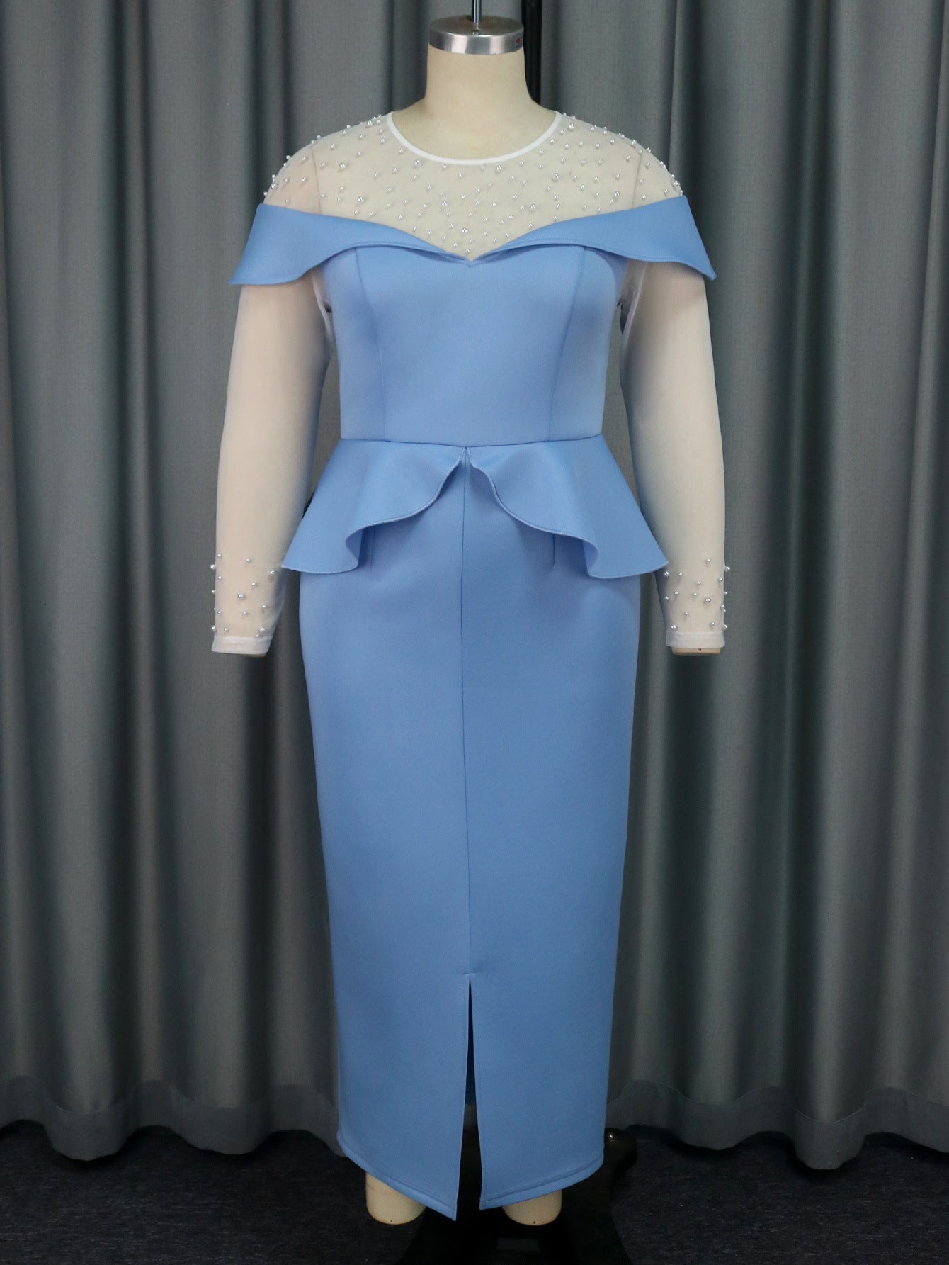 Pearl Beaded Mesh Yoke Peplum Long Sleeve Front Slit Maxi Dress