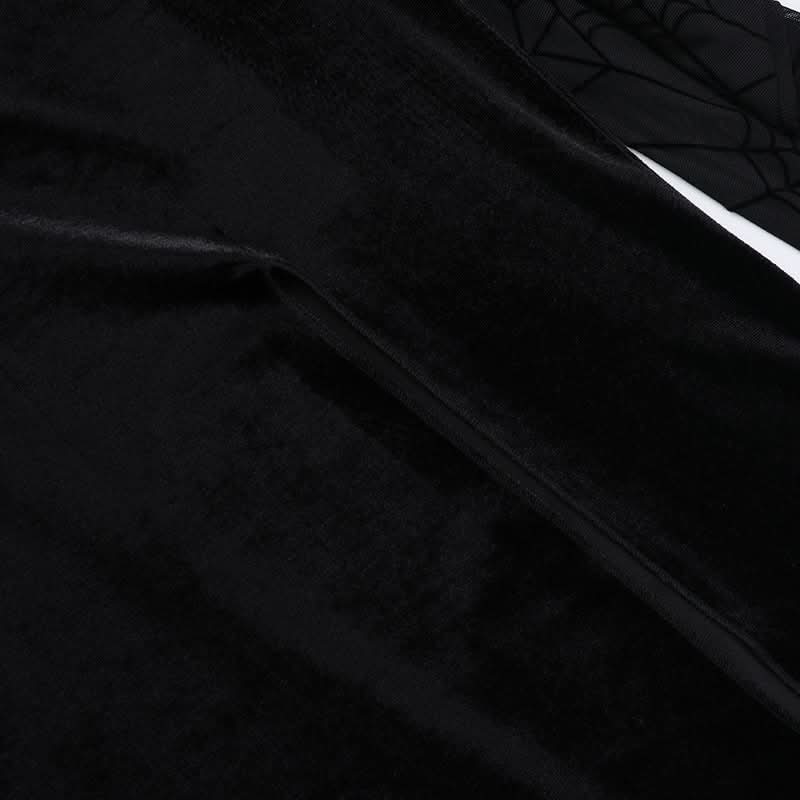 Long flared sleeve spider web slit velvet ruched maxi dress