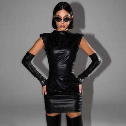 Mock Neck Structured Shoulder Ruched Faux Leather Detached Sleeve Mini Dress