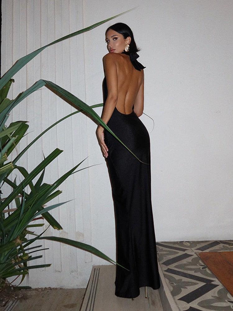 V Halter Neck Backless Split Dress