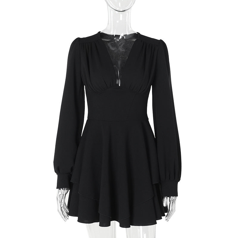Deep V-Neck Corset Waist Bishop Sleeve Ruffle Hem Mini Dress