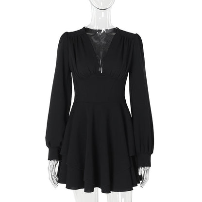 Deep V-Neck Corset Waist Bishop Sleeve Ruffle Hem Mini Dress