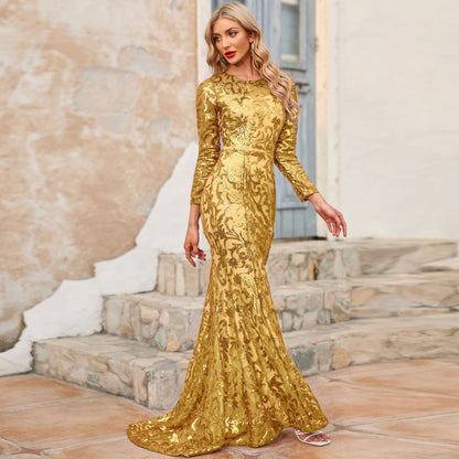 Sequined Dress Purple Crew-Neck Long Evening Dress Long Sleeve Dress