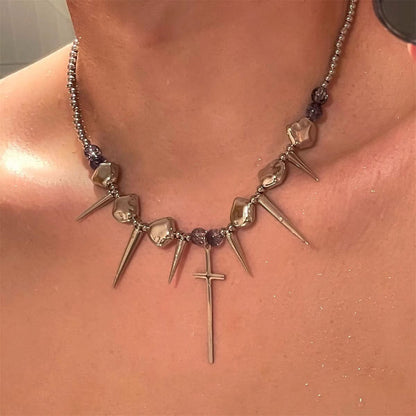 Silver cross rivet metal chain choker necklace