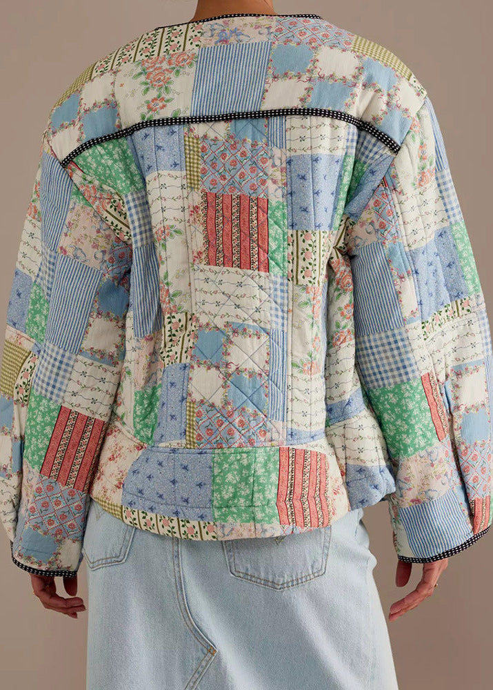 Meadow Patchwork - Cotton Quilted Jacket with Round Neck