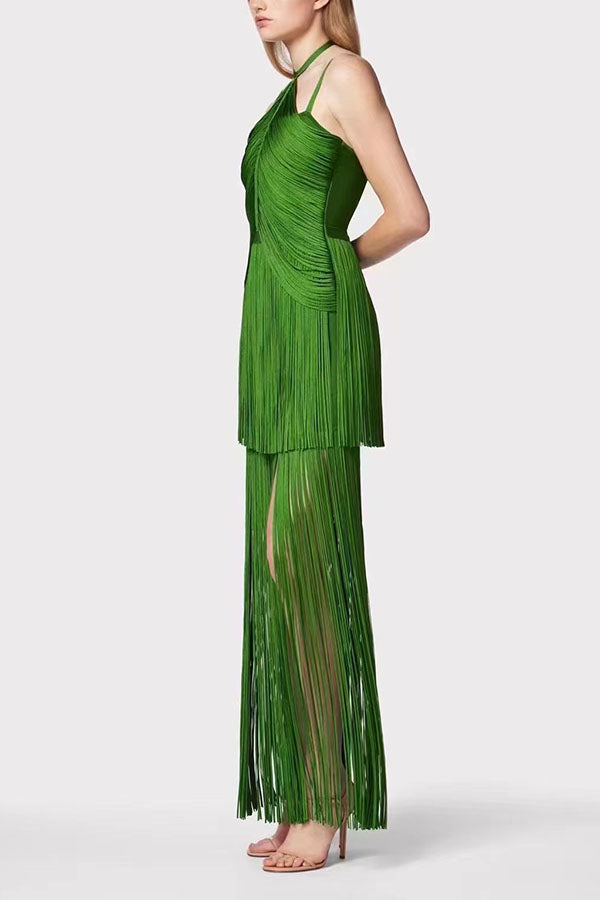 Sexy Halterneck Open Back Elegant Tassel Slim Maxi Dress
