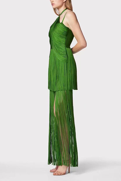 Sexy Halterneck Open Back Elegant Tassel Slim Maxi Dress