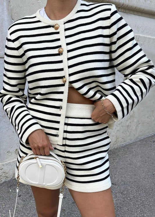 Marseille Knit Set – Striped Cardigan & High-Waisted Shorts