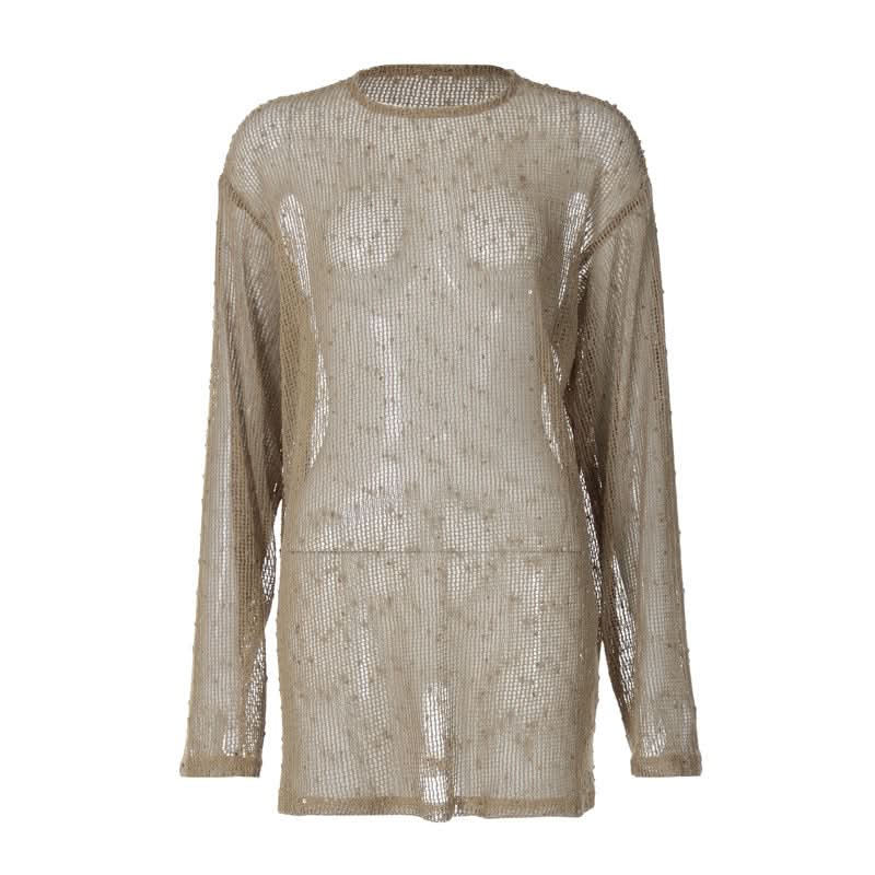 Long sleeve crewneck hollow out see through cut out top