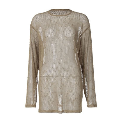 Long sleeve crewneck hollow out see through cut out top